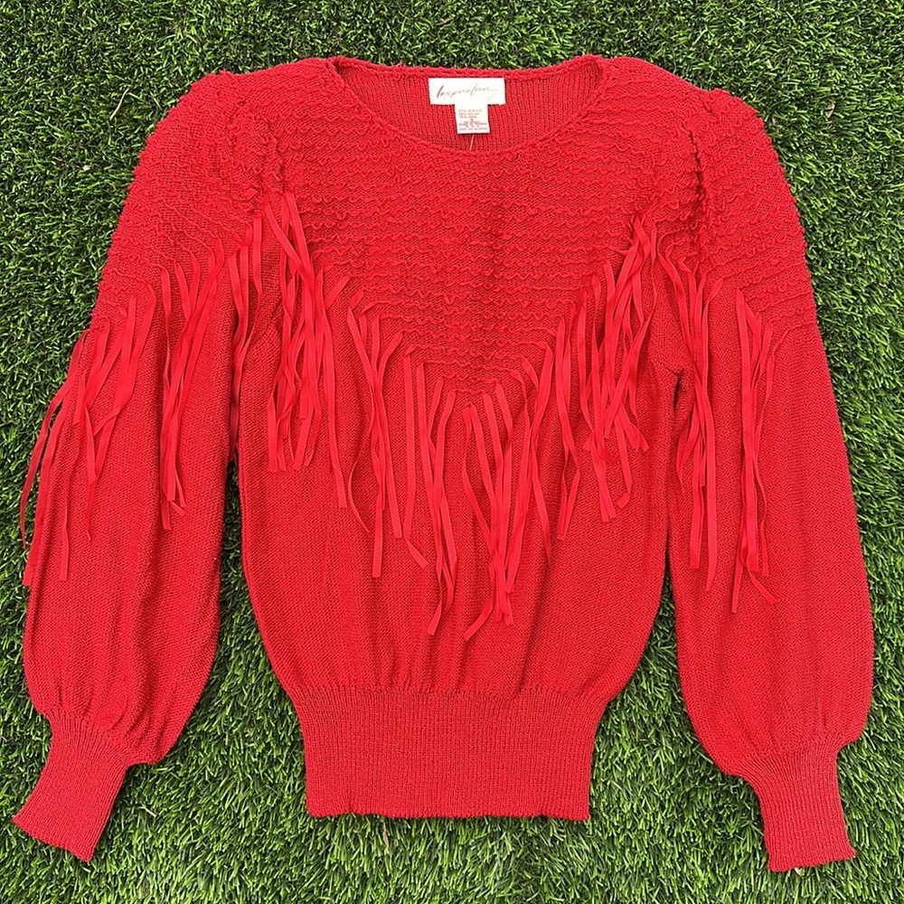 Deadstock vintage INSPIRATION Red ribbon Fringe  Sweater acrylic nylon wool, S
